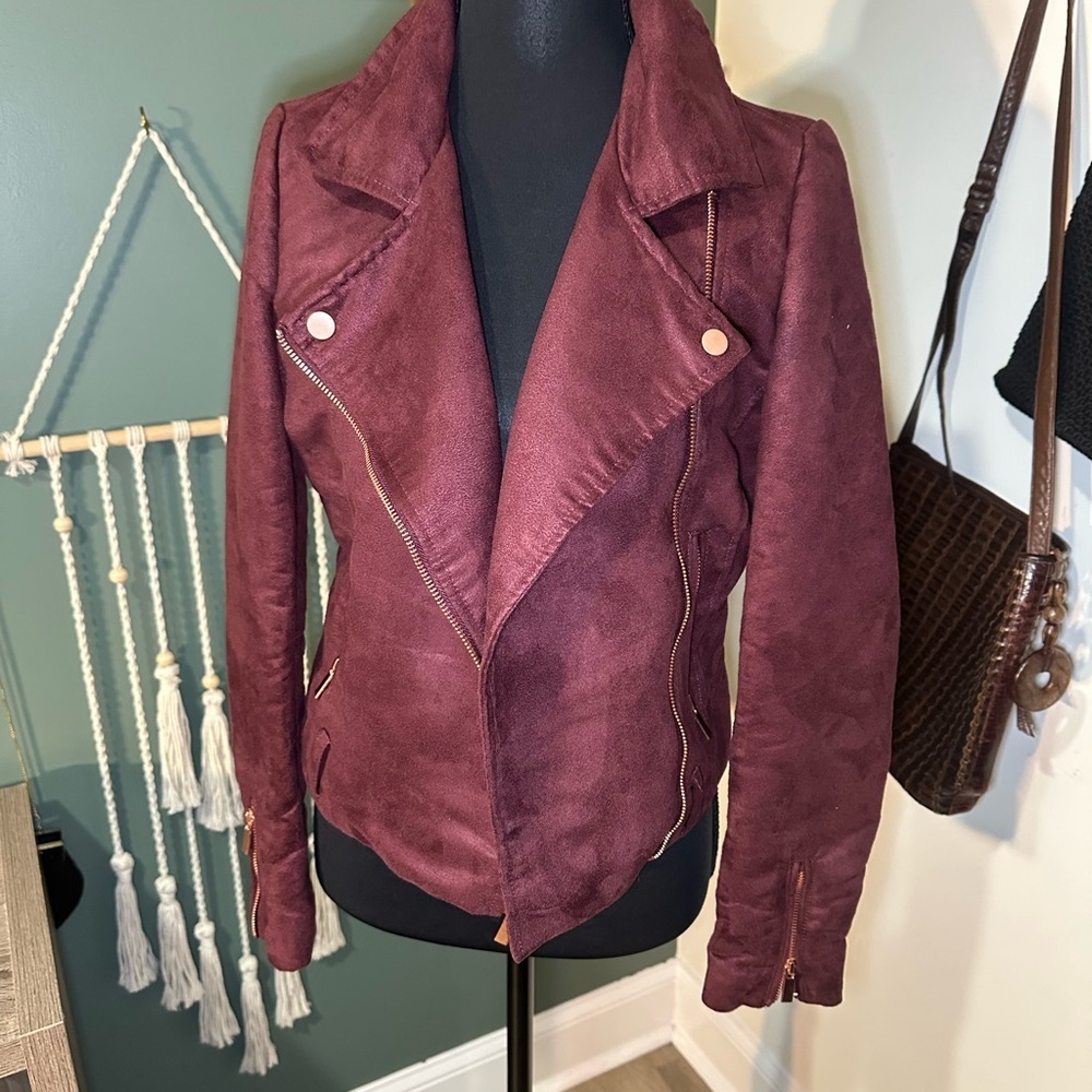 💕Lauren Conrad Runway Burgundy Moto Jacket Faux Suede Size 0